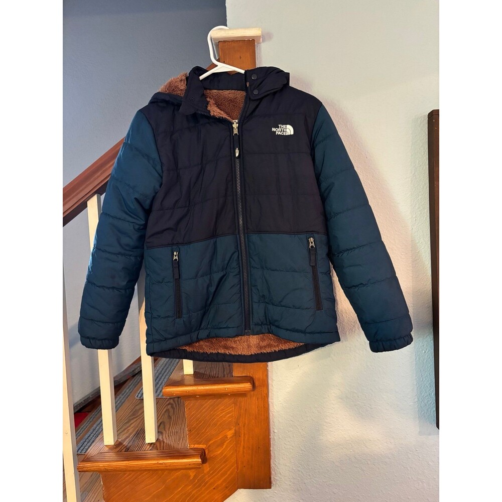 The North Face Mount Chimbo Jacket Coat Boys L Blue Zip Hooded Reversible parka